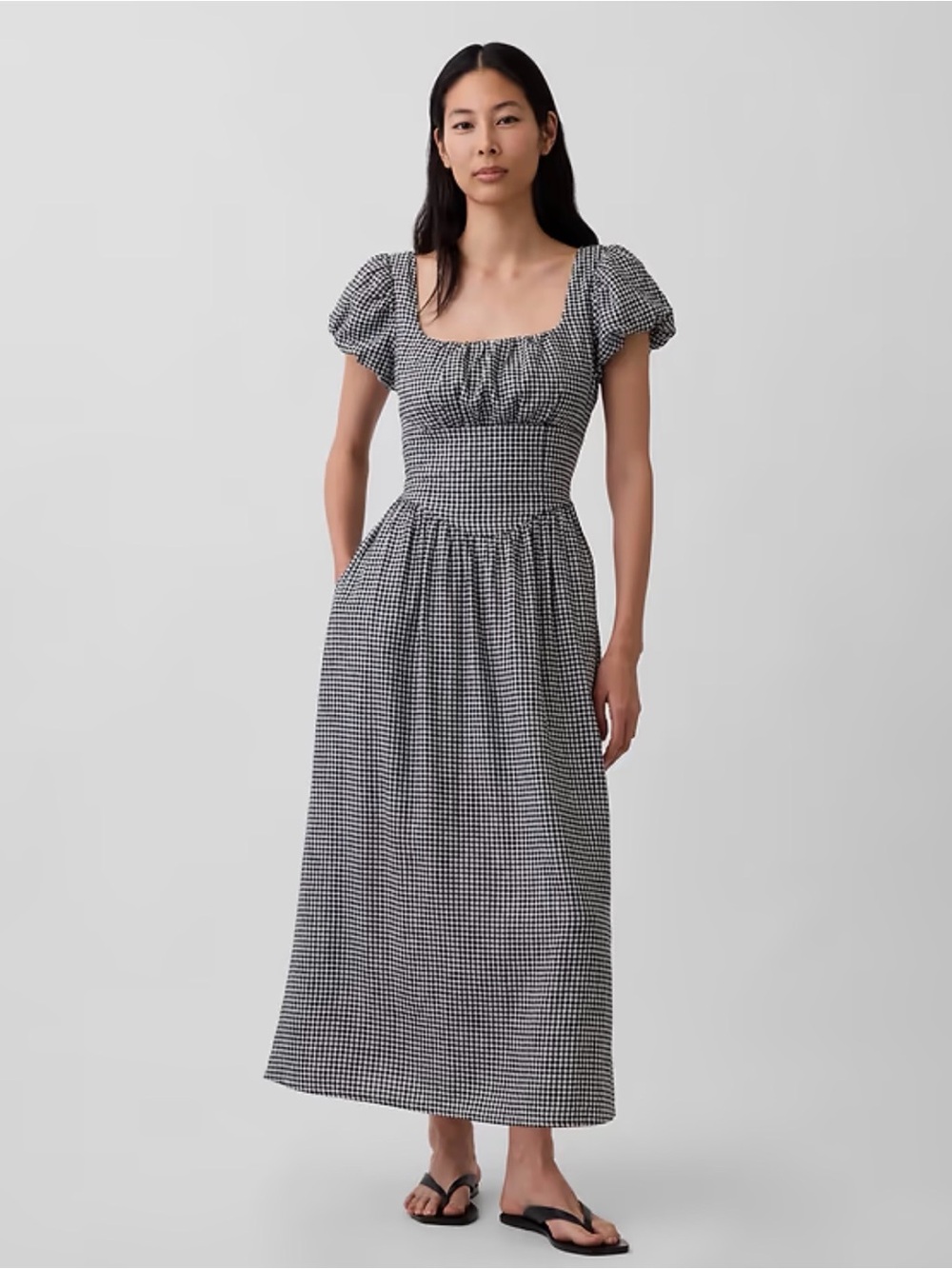 NWT GAP Linen Blend Drop Waist Maxi Dress - Black Gingham - Picture 2 of 4